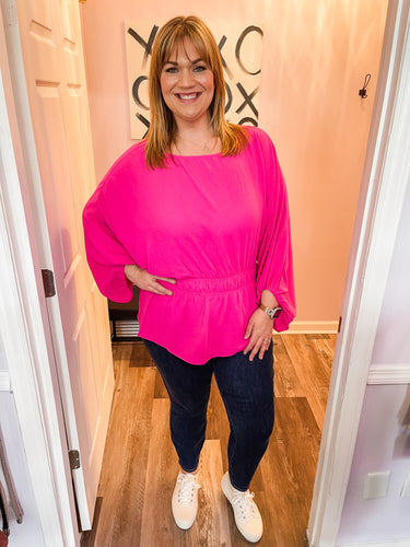 Plus Size Fuchsia Stretchy Waist Band 3/4 Sleeve Top