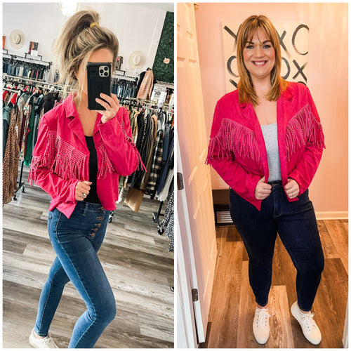 Pink Faux Suede Fringe Cropped Jacket (Sizes: S-3XL)