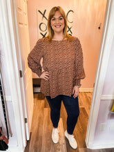 Load image into Gallery viewer, Plus Size Mocha Off White Ditsy Print With Smocked Wrists Long Sleeve Top
