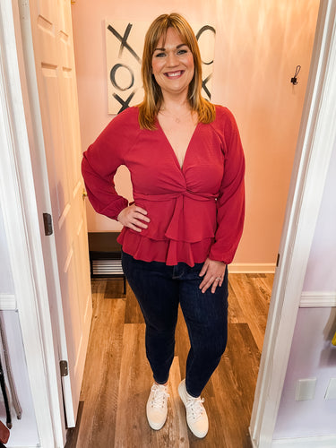 Plus Size Raspberry Twisted V Neck Tiered Ruffled Peplum Textured Long Sleeve Top