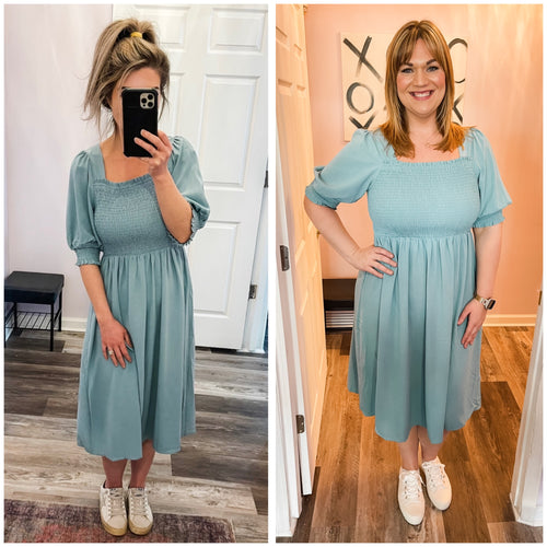 Mineral Blue Smocked Midi Dress