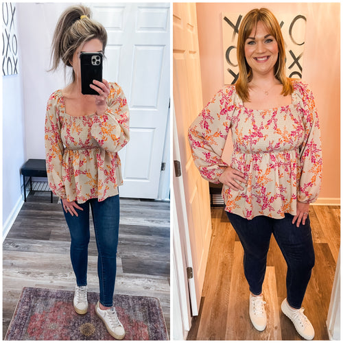 Taupe With Pink & Orange Leaf Print Smocked Long Sleeve Top (Sizes: S-3XL)