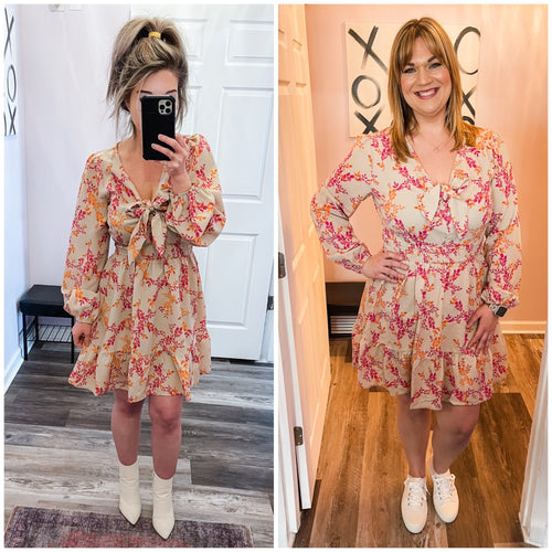 Taupe With Pink & Orange Leaf Print Smocked Waist Long Sleeve Dress (Sizes: S-3XL)