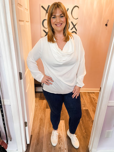 Plus Size Ivory Cowl Neck With Side Slit Long Sleeve Top
