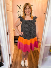 Load image into Gallery viewer, Plus Size Color Block Black &amp; White Pebble Print With Pink &amp; Orange Ruffle Tiered Dress

