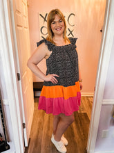 Load image into Gallery viewer, Plus Size Color Block Black &amp; White Pebble Print With Pink &amp; Orange Ruffle Tiered Dress
