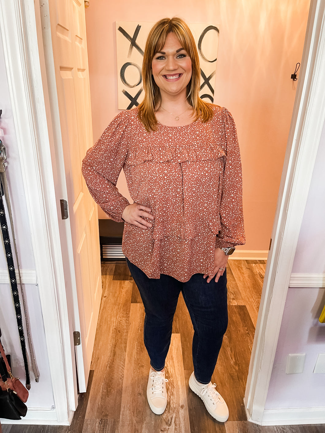 Plus Size Mauve & White Leopard Print Ruffle Tiered Long Sleeve Top