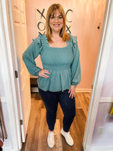 Load image into Gallery viewer, Sea Blue Swiss Dot Smocked Ruffled Long Sleeve Top (Sizes: S-3XL)
