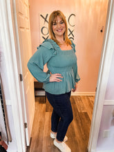 Load image into Gallery viewer, Sea Blue Swiss Dot Smocked Ruffled Long Sleeve Top (Sizes: S-3XL)
