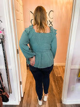 Load image into Gallery viewer, Sea Blue Swiss Dot Smocked Ruffled Long Sleeve Top (Sizes: S-3XL)
