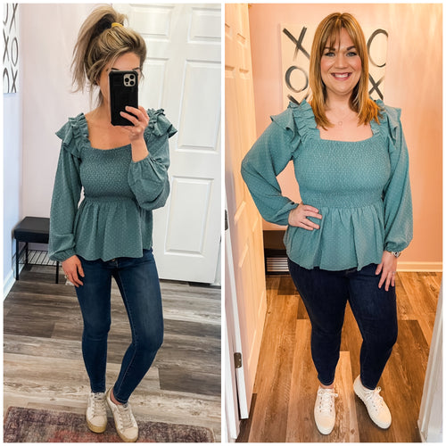 Sea Blue Swiss Dot Smocked Ruffled Long Sleeve Top (Sizes: S-3XL)