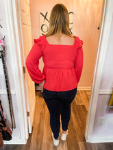 Load image into Gallery viewer, Deep Coral Swiss Dot Smocked Ruffled Long Sleeve Top
