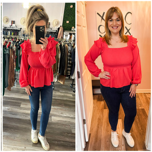 Deep Coral Swiss Dot Smocked Ruffled Long Sleeve Top