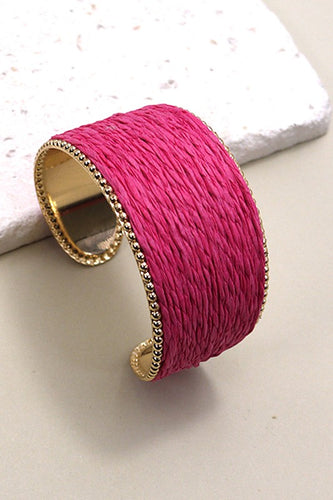 Fuchsia Raffia Rope & Gold Cuff Bracelet