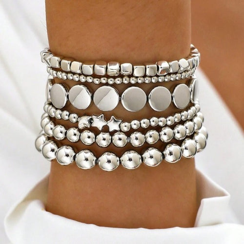 Silver Mixed Bead Stretchy Bracelets