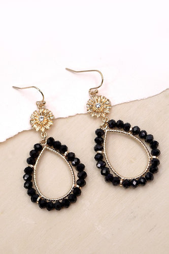Gold & Black Beaded Flower Top Earrings 