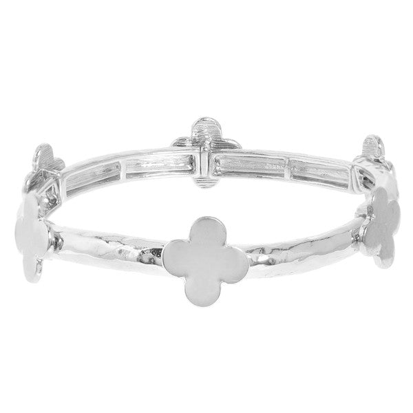Hammered Silver Colored Clover Stretch Bracelet