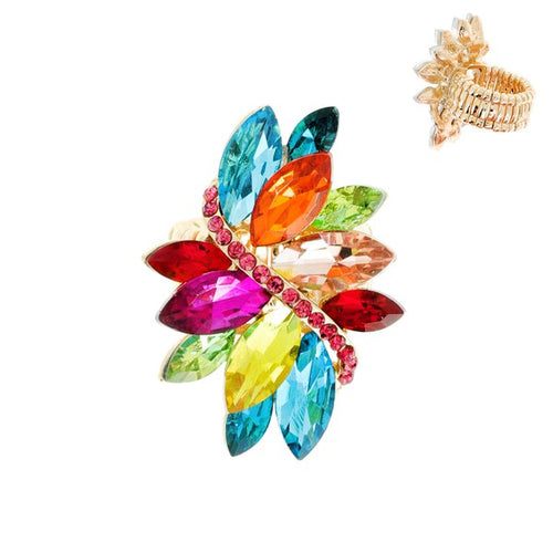 Multi-Colored & Gold Marquise Crystal Like Cluster Stretch Ring