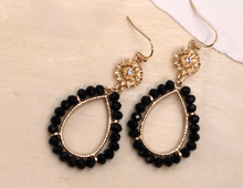 Load image into Gallery viewer, Gold &amp; Black Beaded Flower Top Earrings 
