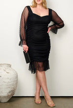 Load image into Gallery viewer, Plus Size Black Long Sleeve Mesh &amp; Ruched Dress
