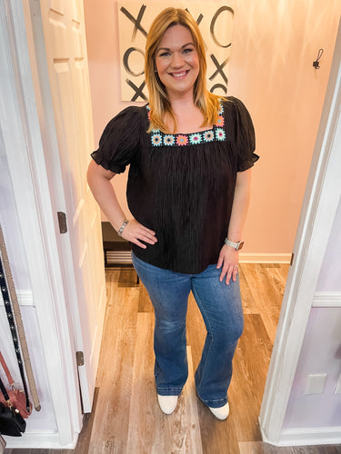 Plus Size Floral Crochet Neckline Black Textured Top (Sizes: 1XL-4XL)