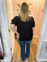 Load image into Gallery viewer, Plus Size Floral Crochet Neckline Black Textured Top (Sizes: 1XL-4XL)
