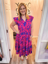 Load image into Gallery viewer, Pink &amp; Blue Floral Tiered Flutter Sleeve Maxi Dress
