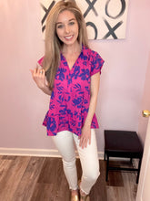Load image into Gallery viewer, Pink &amp; Blue Collared Neckline Button Flutter Sleeve Tiered Top
