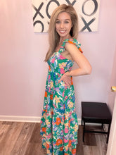 Load image into Gallery viewer, Green Multi-Colored Floral Print Tiered Maxi Dress
