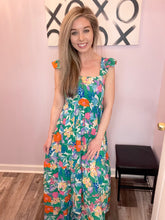 Load image into Gallery viewer, Green Multi-Colored Floral Print Tiered Maxi Dress
