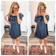 Load image into Gallery viewer, Dark Wash Chambray Dress (On OR Off Shoulder Dress)
