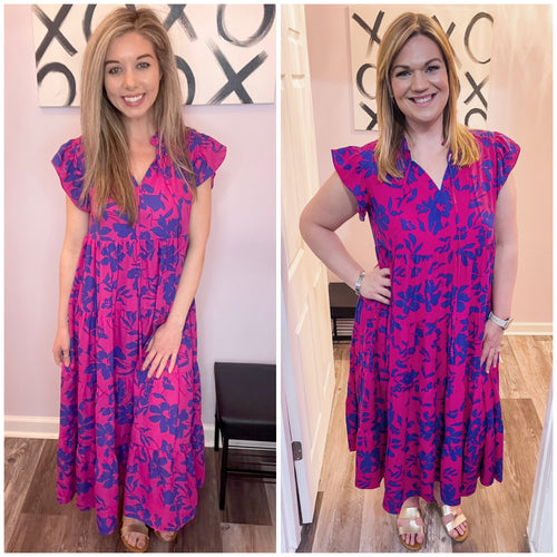 Pink & Blue Floral Tiered Flutter Sleeve Maxi Dress