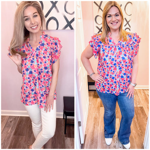 Multi-Colored Shell Print Ruffled Sleeve Top