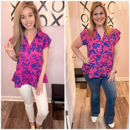 Pink & Blue Collared Neckline Button Flutter Sleeve Tiered Top