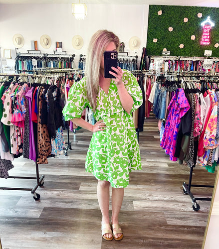 Green & White Ruffled Sleeve Dress