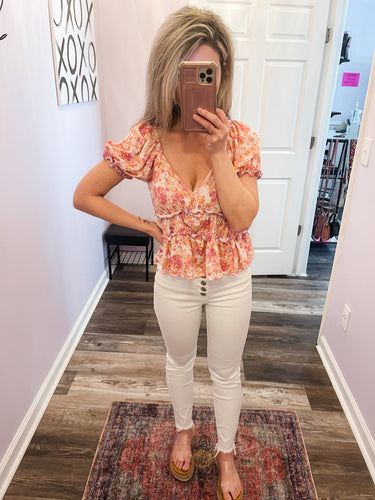 Pink Floral V Neck Ruffled Top
