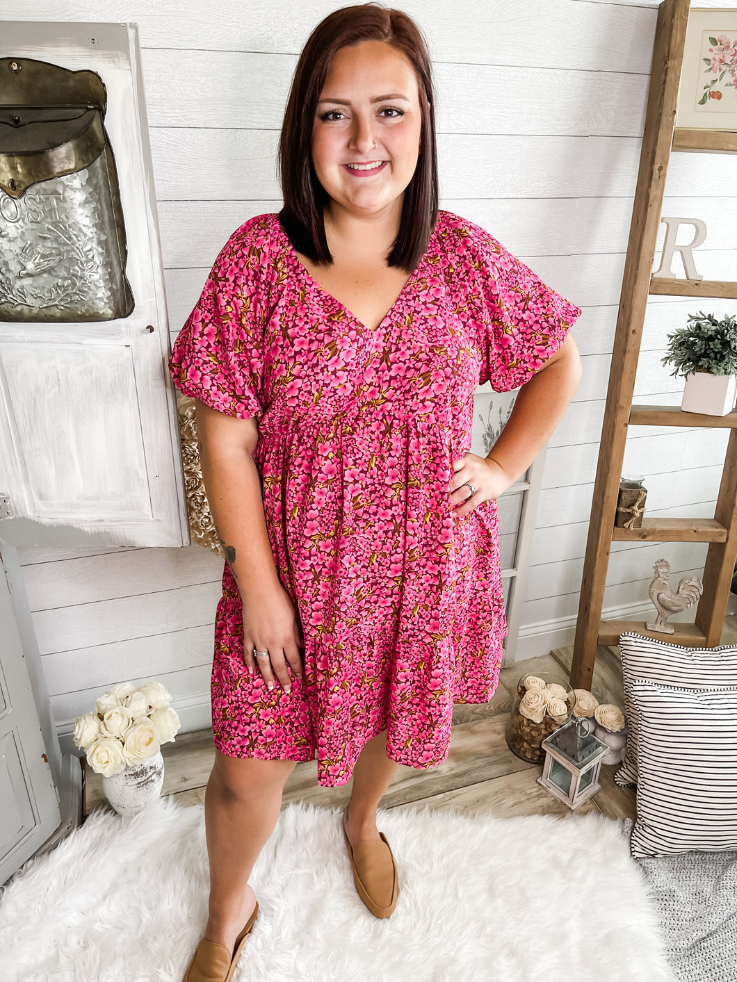 Plus Size V Neck Floral Print Dress