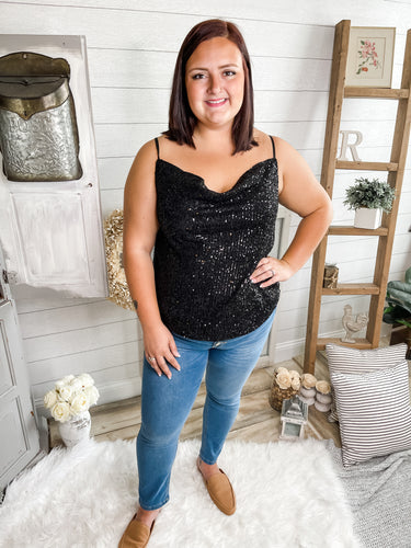 Plus Size Black Sequin Cowl Neck Tank Top