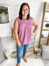 Load image into Gallery viewer, Lavender Swiss Dot Smocked Crew Neck Tank Top
