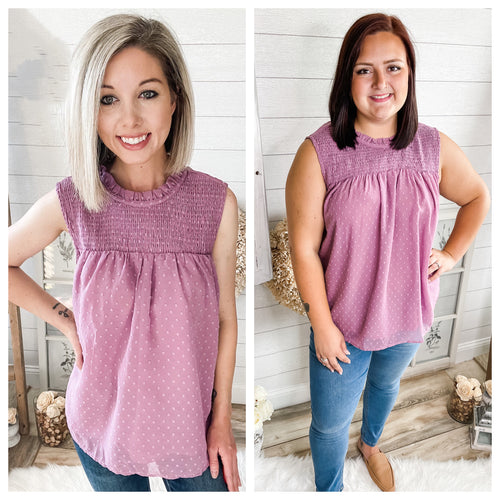 Lavender Swiss Dot Smocked Crew Neck Tank Top