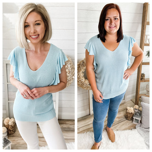 Blue Ruffled Sleeve Knit Top
