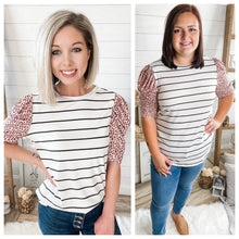 Load image into Gallery viewer, Striped With Leopard Ruffled Puff Sleeves Top
