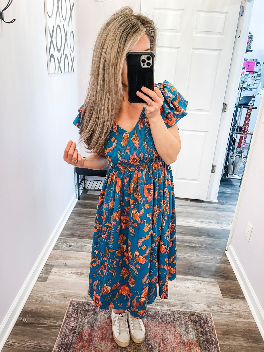Turquoise & Orange Floral Ruffled Tiered Sleeve Dress