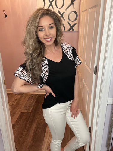 Black & Leopard Print Ruffled Sleeve Top