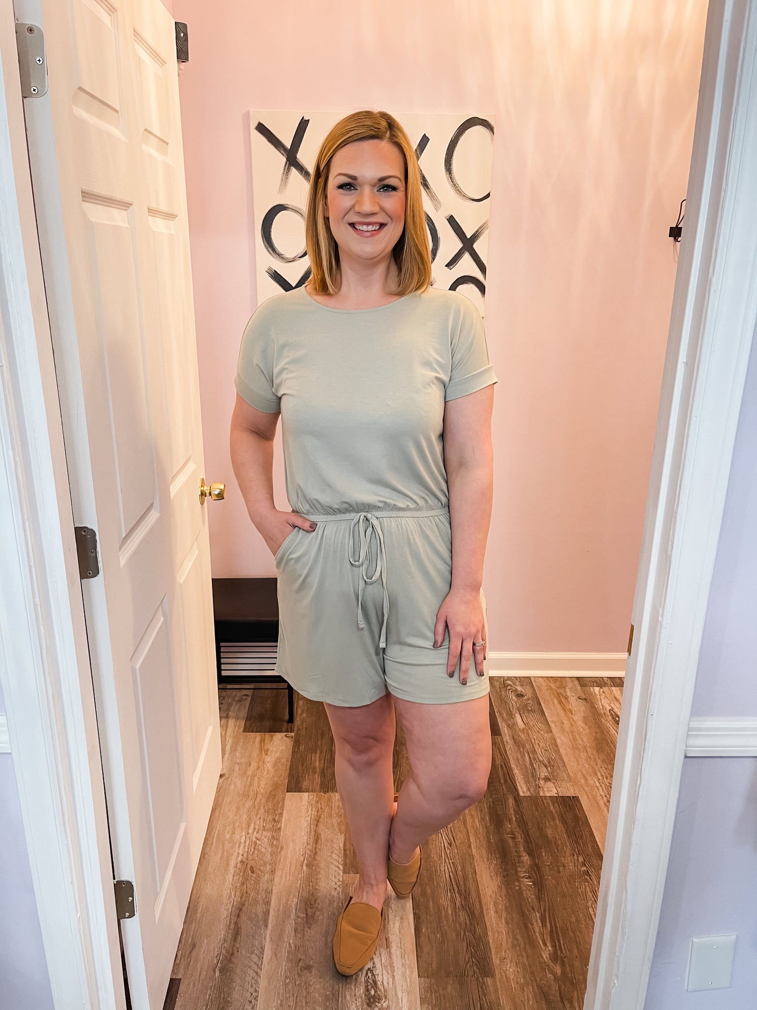 Sage Green Romper With Pockets Saluda Rose Boutique Sage Green Romper With Pockets Saluda Rose Boutique