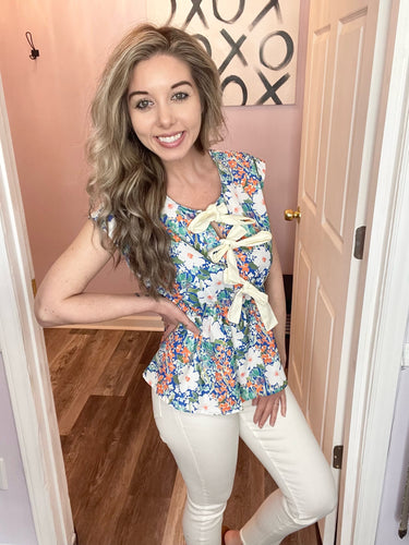 Multi-Colored Floral Front Ivory Bows Top