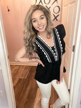 Load image into Gallery viewer, Black &amp; White Ric Rac Scalloped Trim Top

