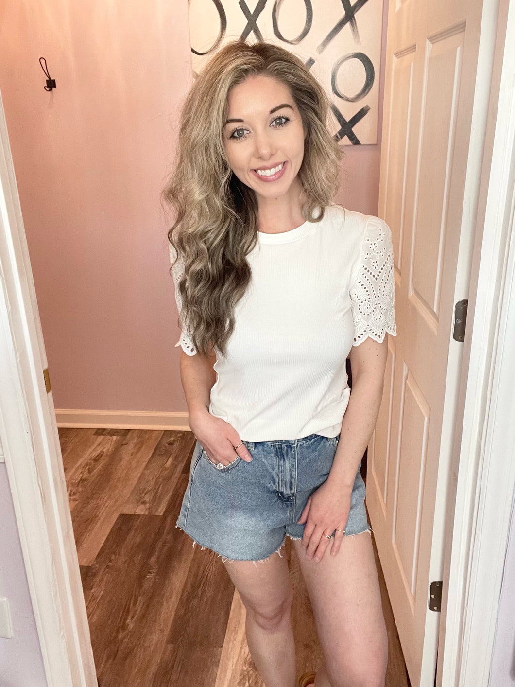 White Eyelet Sleeve Ribbed Top