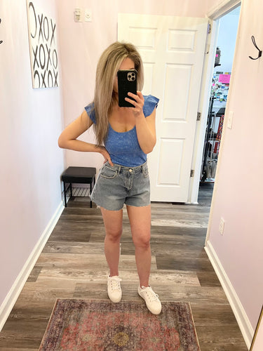 Blue & White Washed Ribbed Ruffle Sleeve Top