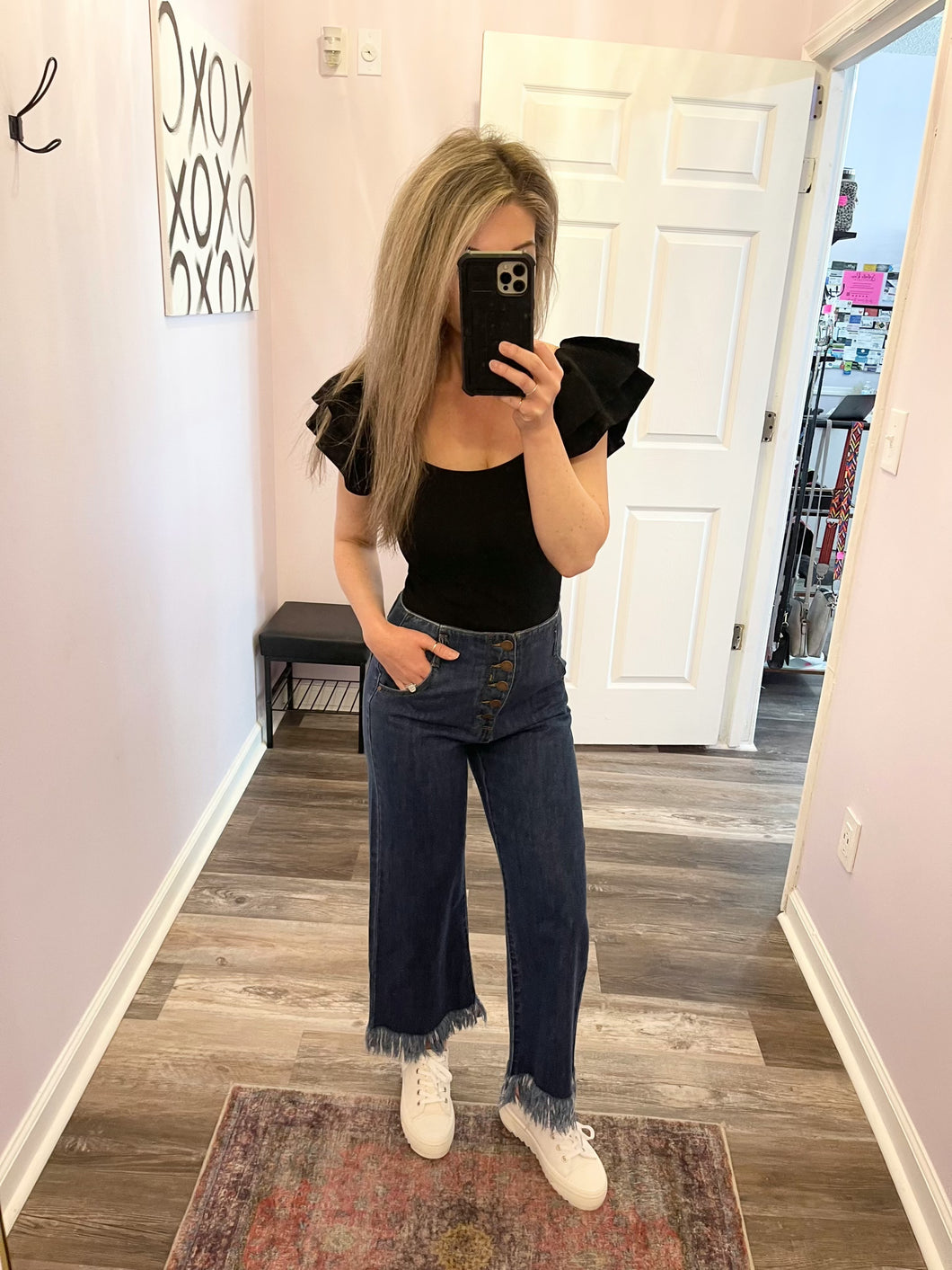Black Ribbed Knit Tiered Ruffle Sleeve Top